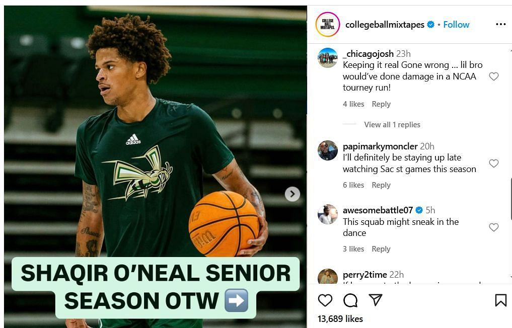 Fans react to video highlights of Shaqir O'Neal's performance on IG. Image via @collegeballmixtapes